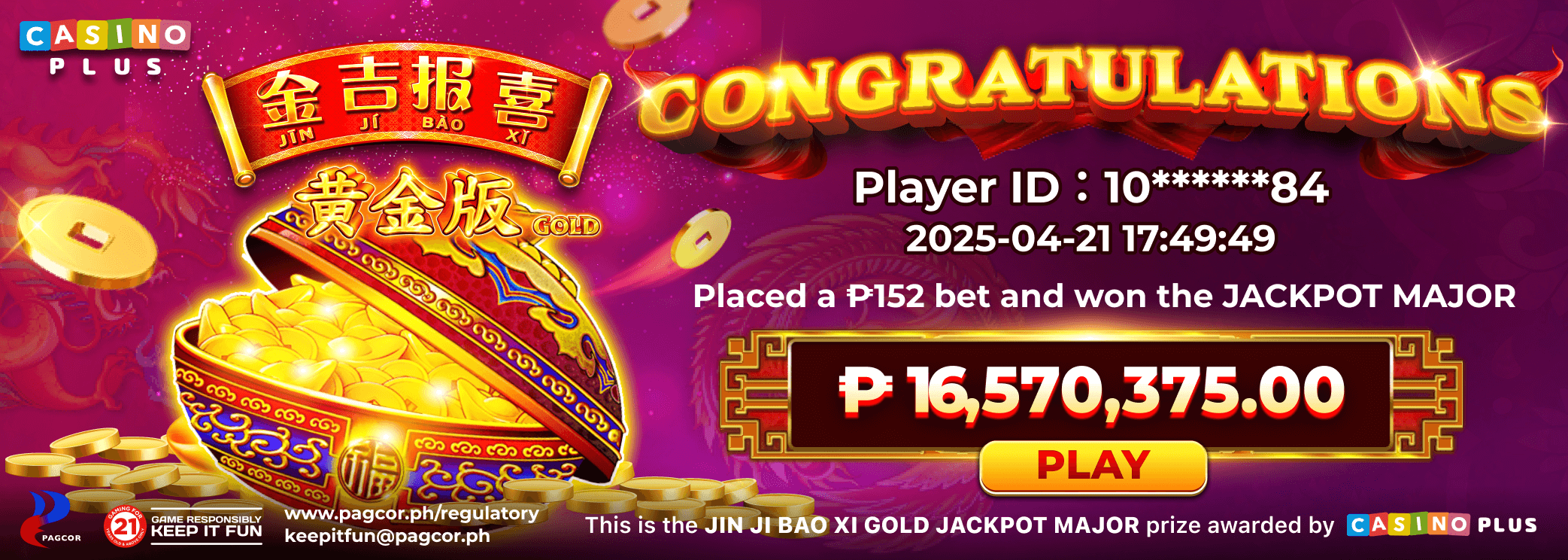 Congratulations Player Hit  JJBX Gold Jackpot Major