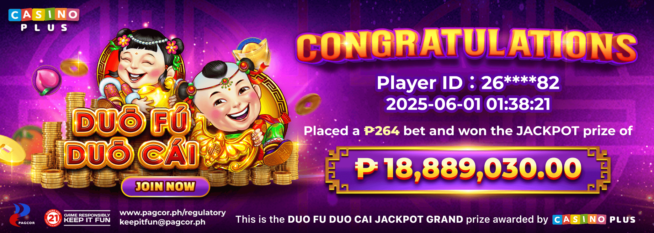 Congratulations Player Hit Duo Fu Duo Cai Jackpot Grand!
